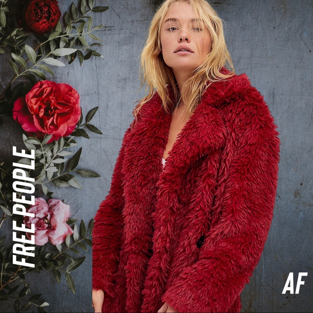 FREE PEOPLE EVYS FAUX FUR COAT RED NEW NWT LARGE